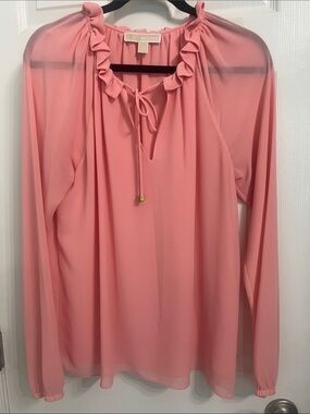 Michael Kors Coral Pink Ruffle Tie-Neck Blouse, Size L